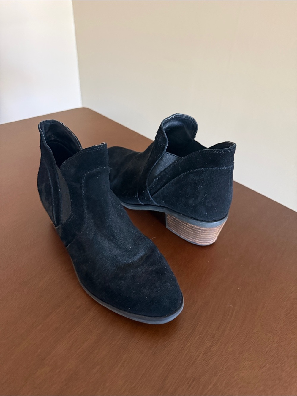 me too Black Suede Ankle Booties with Stacked Heel